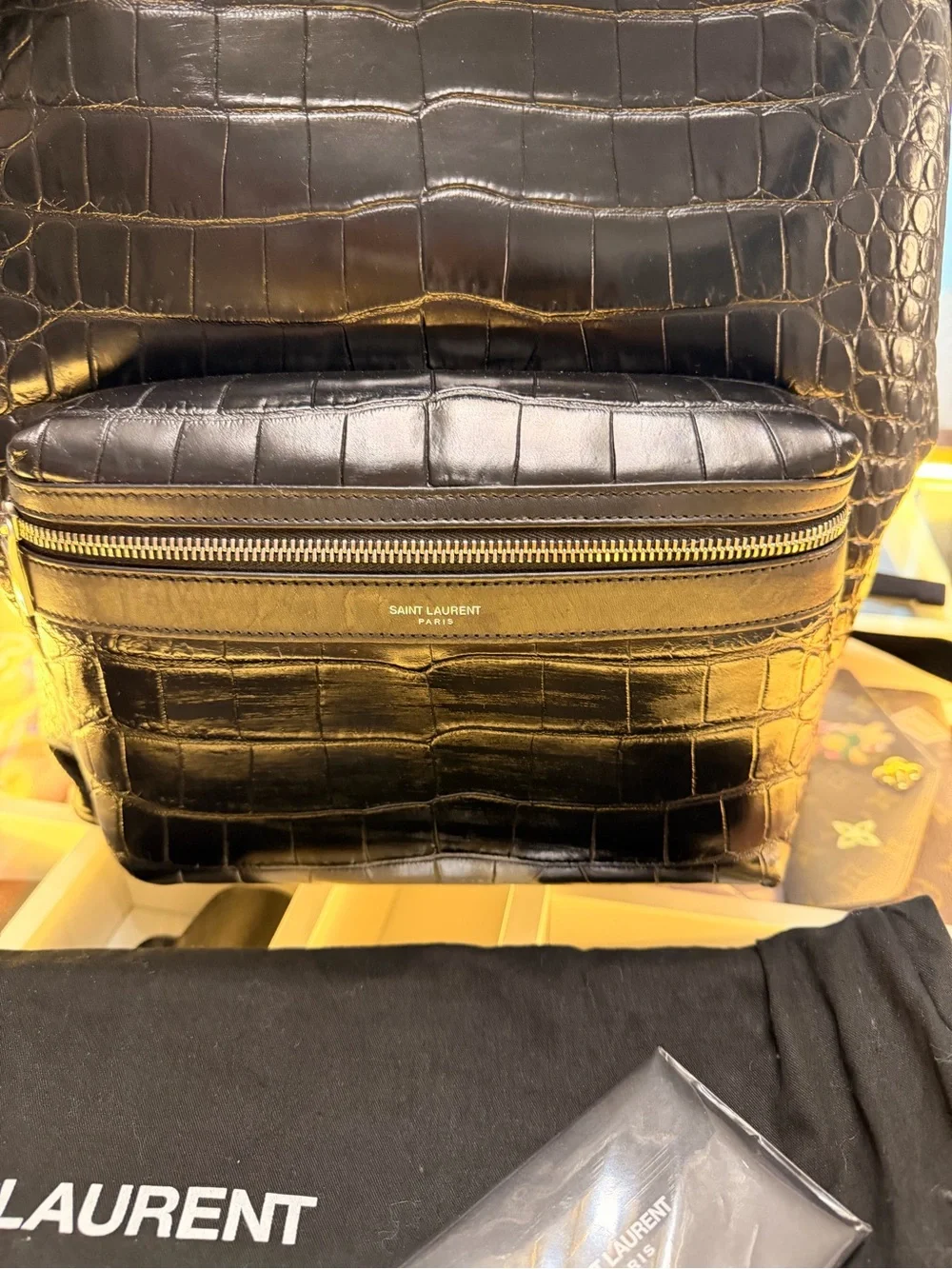 Saint Laurent Black Croc-Embossed Leather Backpack with Front Zip Pocket